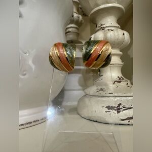 Vintage Cream, Peach, and Green Inlay Dome Hoop Earrings - Gold Tone